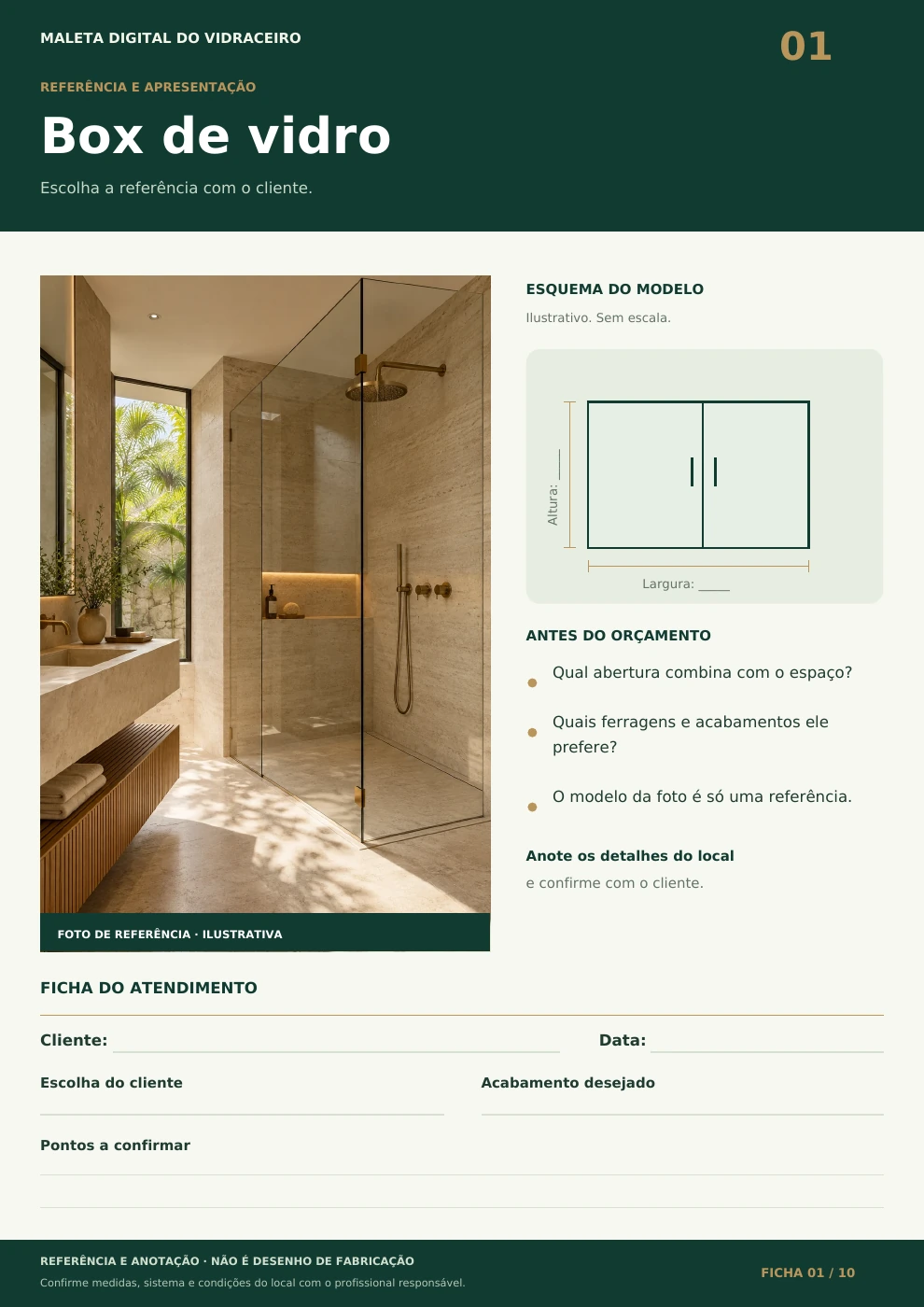 Ficha 01: Box de vidro, foto de referência e esquema de medidas